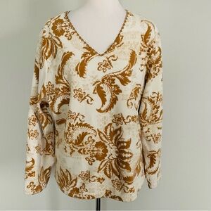 Coldwater Creek Women’s V Neck Long Sleeve Soft Plush Sweater Tan Paisley SZ 1X